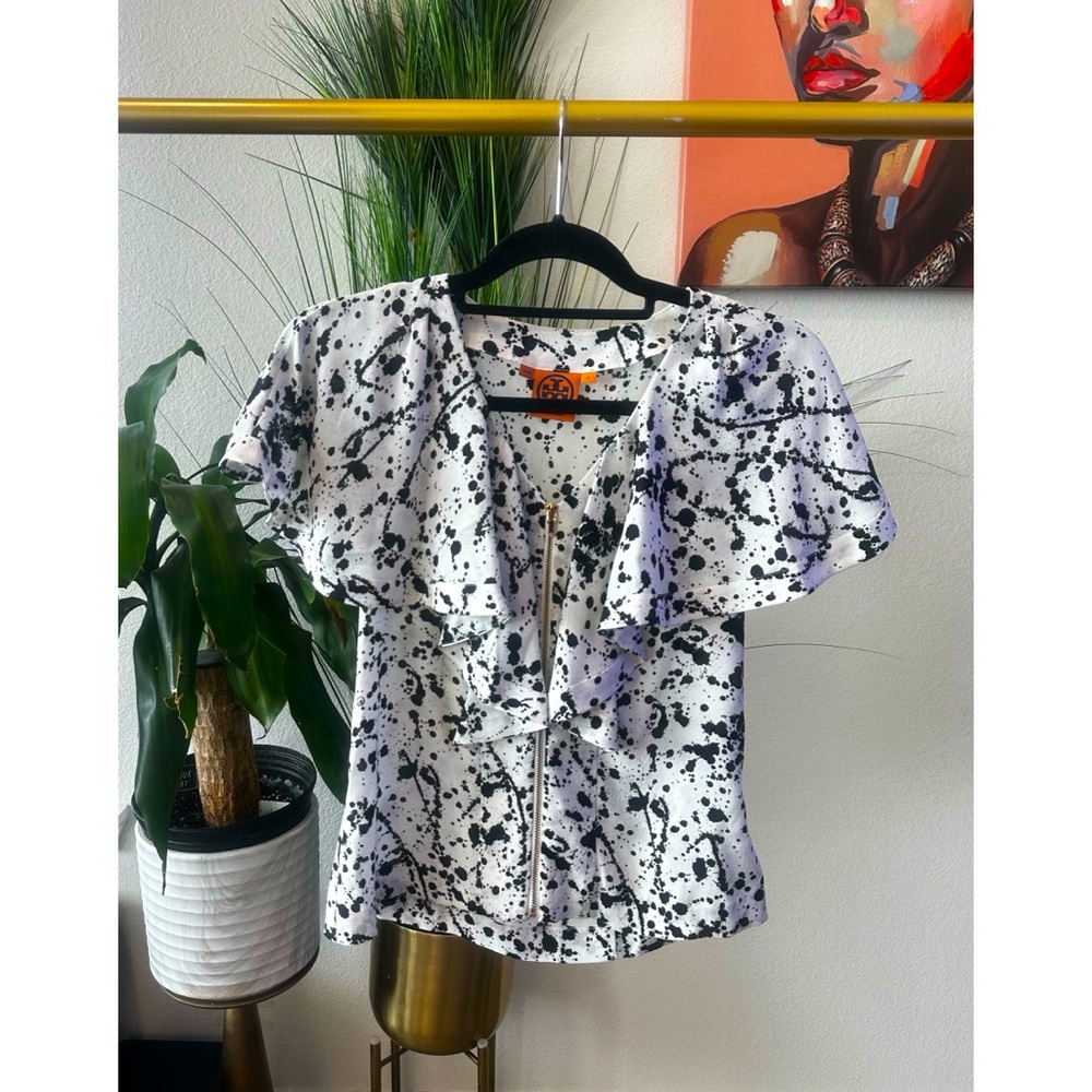 Tory Burch Paint Splatter Silk Blouse in White - Size 0